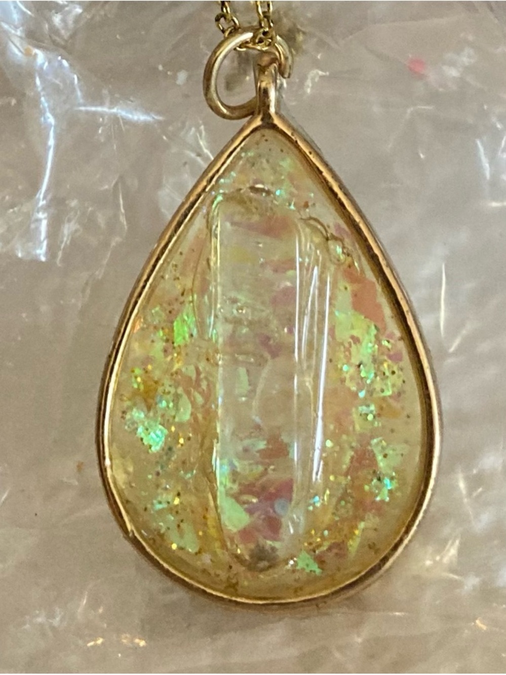 Iridescent Teardrop Pendant Necklace - Gold Tone